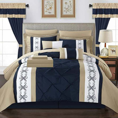 Embroidered Duvet Pleated Sets ( navy & skin )