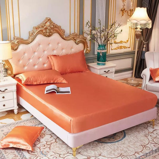 SILK FITTED SHEET WITH 2 PILLOW COVERS ( ORANGE )