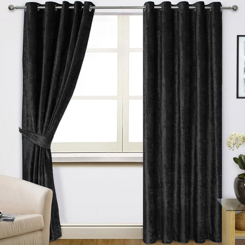 Plain Dyed Velvet Eyelet Curtains -( black  )